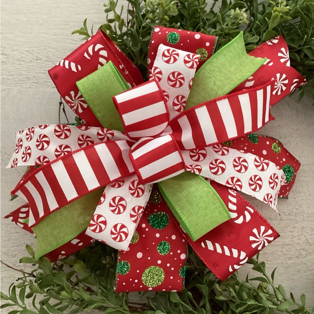Festive Red and Green Peppermint Holiday Bow